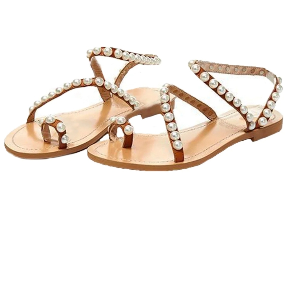 Pearl Studded Strap Tan Sandal